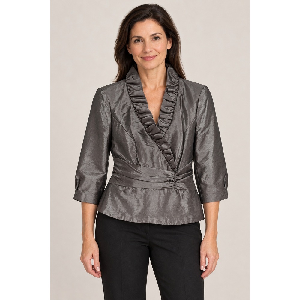 J R Nites Caliendo Jacket 10 Gray Ruffle Collar Wrap Look Evening Peplum